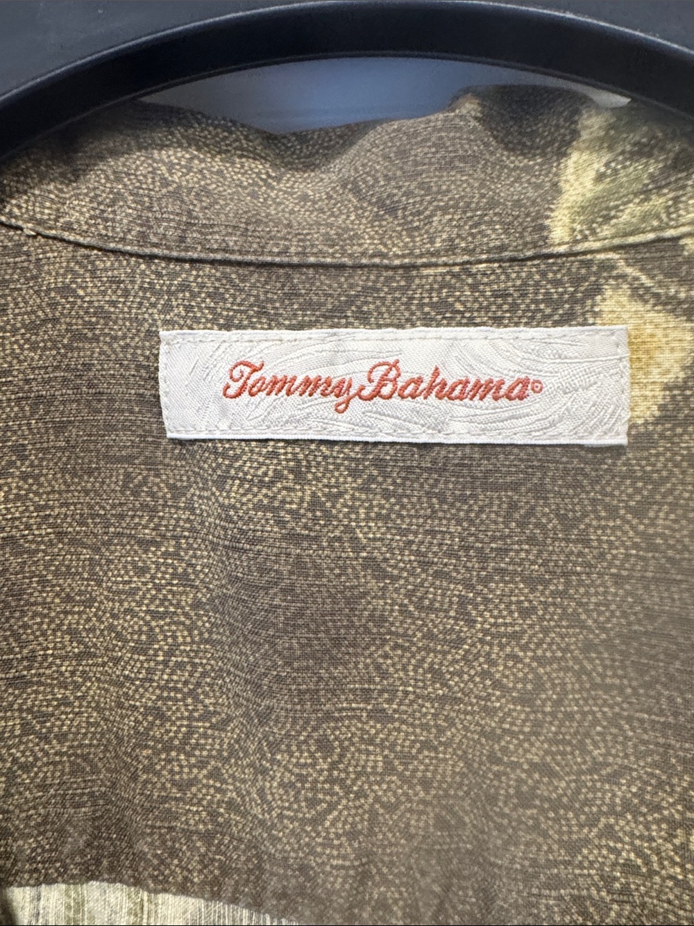 Tommy Bahama Olive Green Floral Camp Shirt with Cream and Orange Accents - Picture 2 of 4